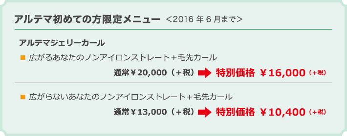アルテマ初めての方限定メニュー<2016年6月まで> アルテマ初めての方限定メニュー<2016年6月まで>